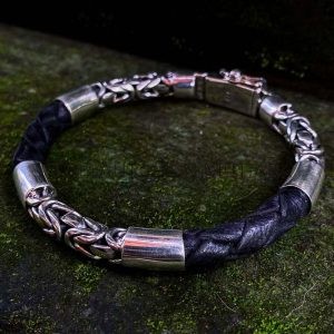NY-CHB057-Silver Chain And Leather Bracelet
