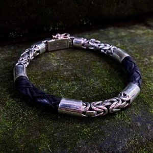 NY-CHB057-Silver Chain And Leather Bracelet