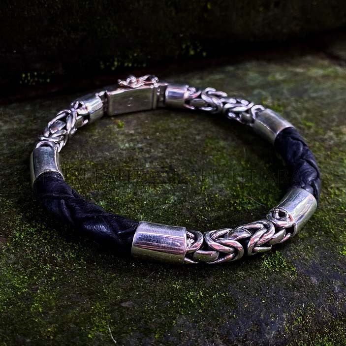NY-CHB057-Silver Chain And Leather Bracelet