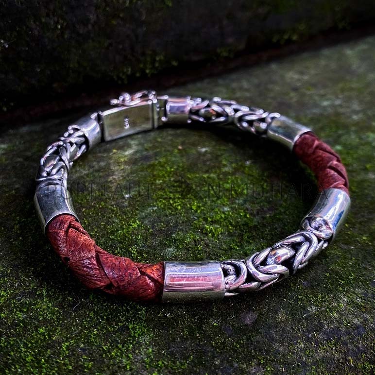 NY-CHB057-Silver Chain And Leather Bracelet