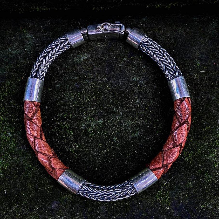 NY-CHB058-Silver Chain And Leather Bracelet