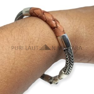 NY-CHB058-Silver Chain And Leather Bracelet