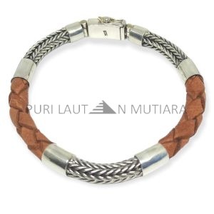 NY-CHB058-Silver Chain And Leather Bracelet
