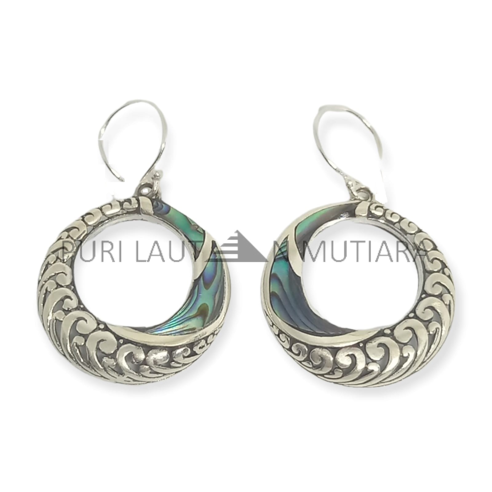 NY-ER129-Silver Round Ornate Earring With Abalone