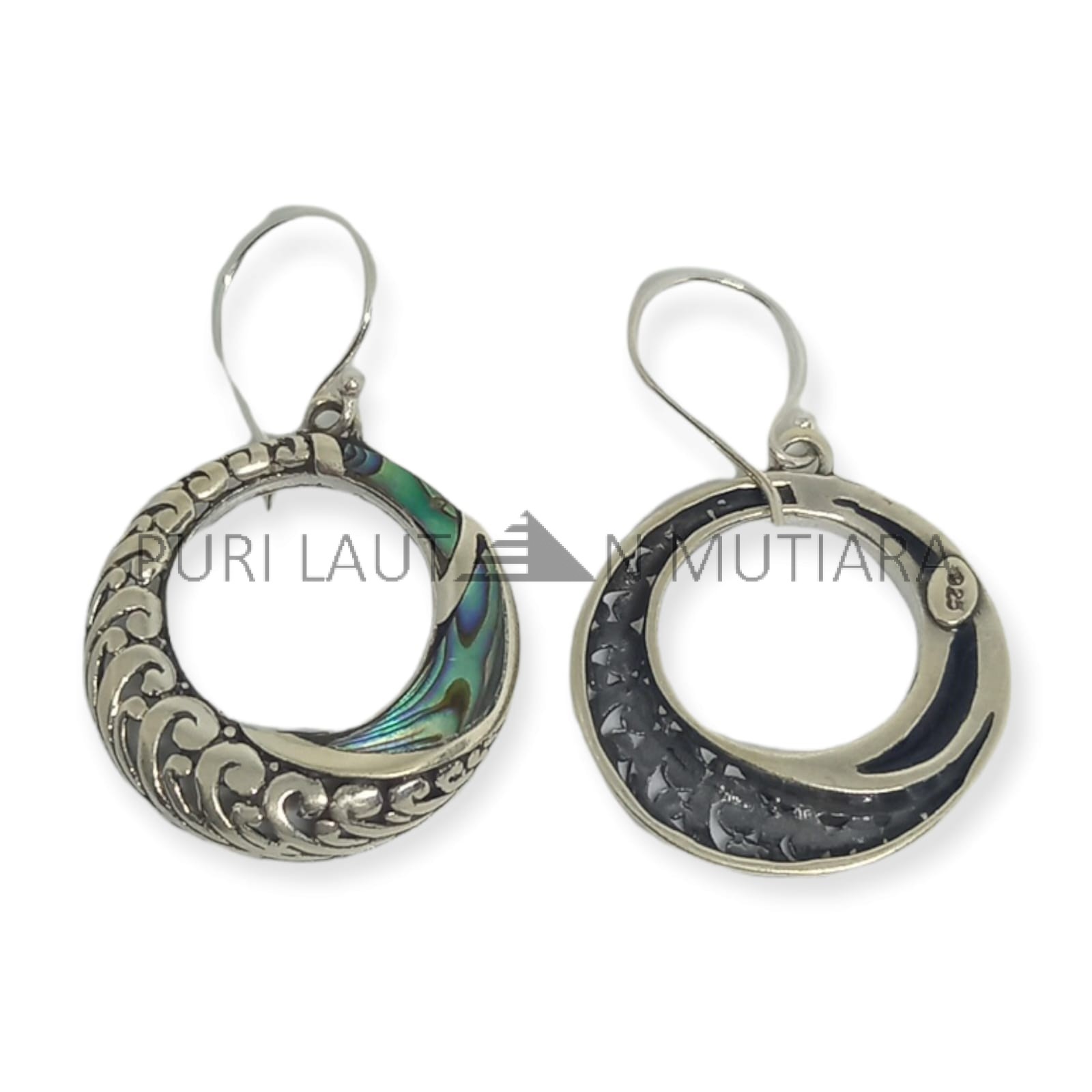 NY-ER129-Silver Round Ornate Earring With Abalone