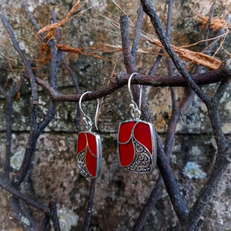 NY-ER136-Silver Rectangle Earring With Coral