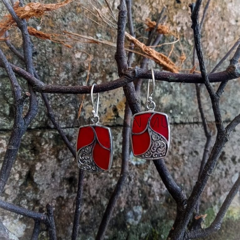 NY-ER136-Silver Rectangle Earring With Coral