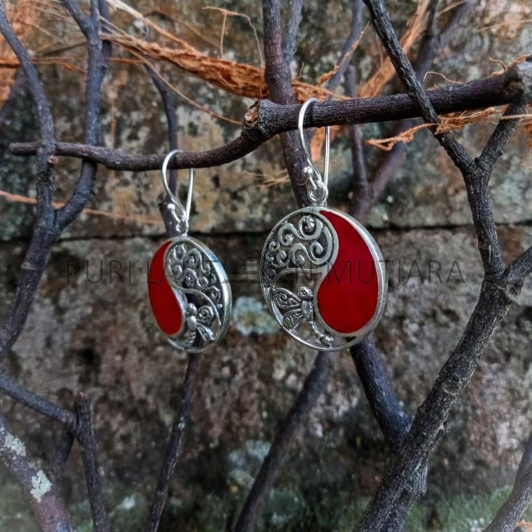 NY-ER139-Silver Round Earring With Coral