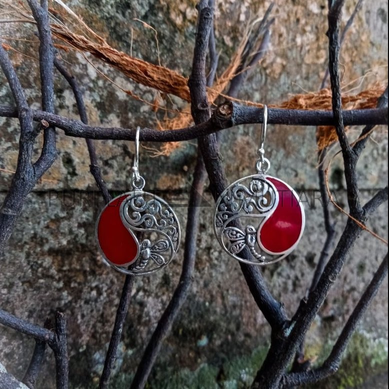 NY-ER139-Silver Round Earring With Coral