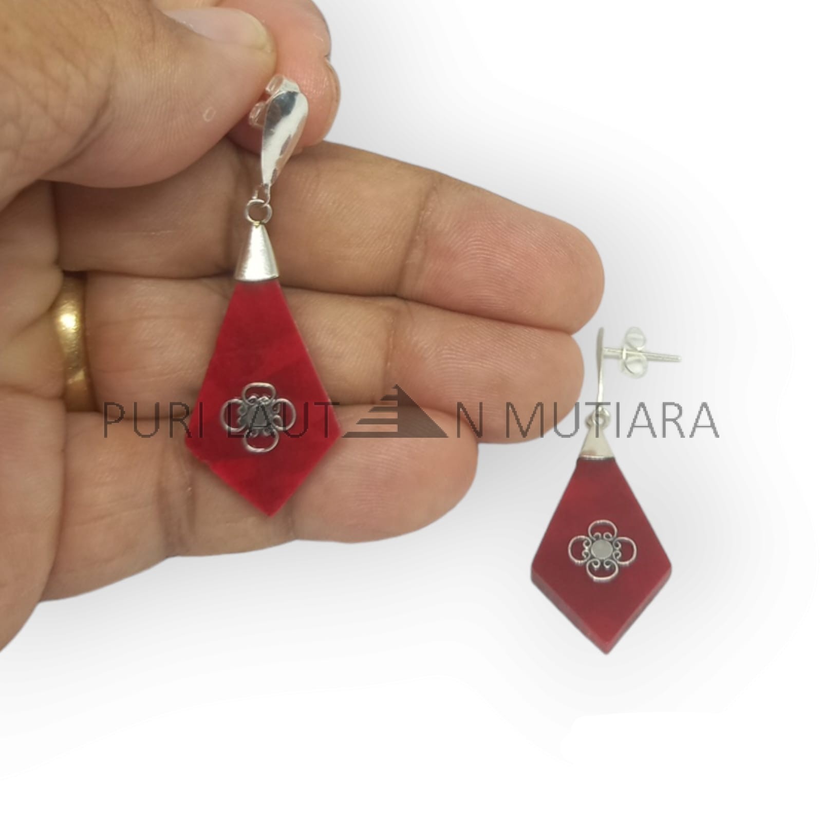 NY-ER154-Silver Dangling Earring With Coral