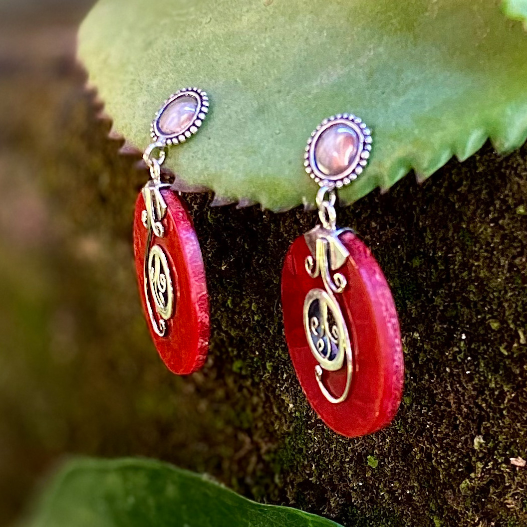 NY-ER161-Silver Dangling Earring With Coral