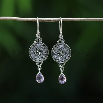 IER013-Sterling Silver Earrings Floral Design With Gemstone Drops