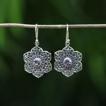 IER014-Sterling Silver Floral Earrings With Gemstone 