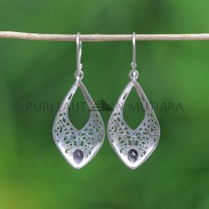 IER021-Balinese Vintage Style Silver Teardrop Earrings with Gemstone 