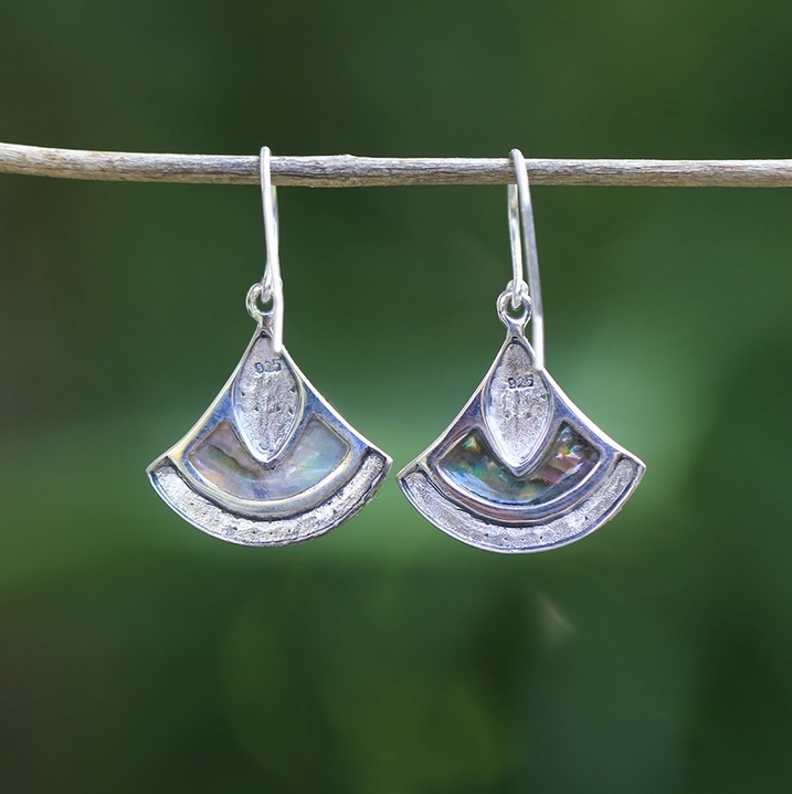 IER025 Cute Handcrafted Sterling Silver Abalone Shell Fan Earrings