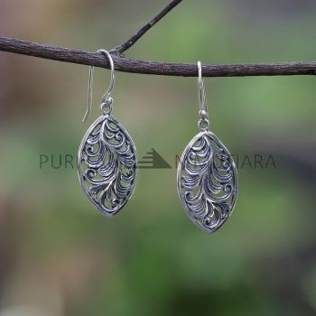 IER037-Balinese Earrings Sterling Silver Leaf Scrollwork Dangle Earrings