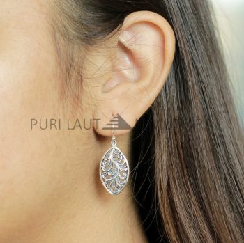IER037-Balinese Earrings Sterling Silver Leaf Scrollwork Dangle Earrings