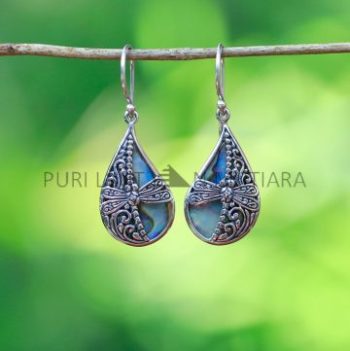 IER039-Sterling Silver Dragonfly Abalone Teardrop Earrings