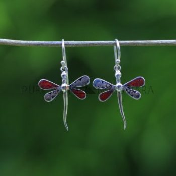 IER043-Silver Dragonfly Earrings with Red Coral Inlay