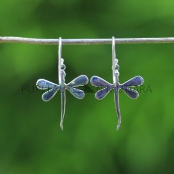 IER043-Silver Dragonfly Earrings with Red Coral Inlay