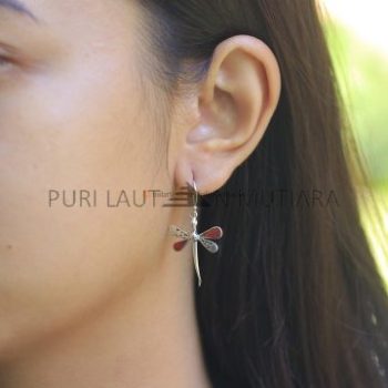IER043-Silver Dragonfly Earrings with Red Coral Inlay