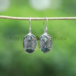 IER044-Silver Drop Earrings Abalone Bali Motif
