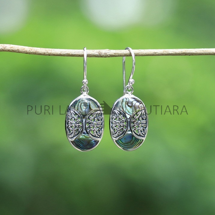 IER044-Silver Drop Earrings Abalone Bali Motif