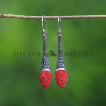 IER046-Coral Balinese Ornamental Design Long Drop Earrings 
