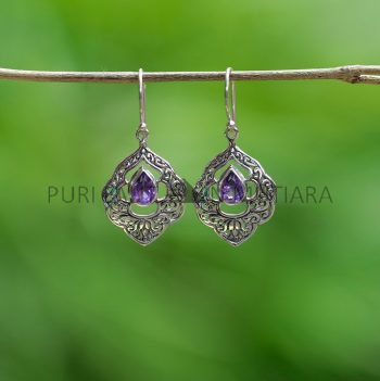 IER049-Balinese Ornate Filigree Sterling Silver Earrings with Gemstone