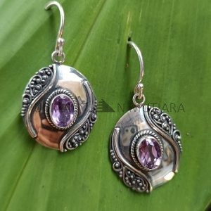 IER008-Balinese Filigree Patterns Silver Earrings With Gemstone
