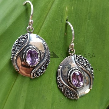 IER008-Balinese Filigree Patterns Silver Earrings With Gemstone
