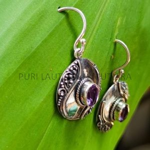 IER008-Balinese Filigree Patterns Silver Earrings With Gemstone