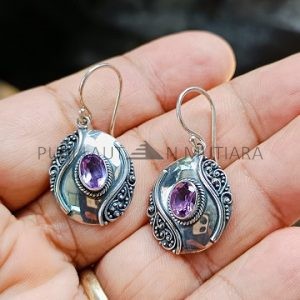 IER008-Balinese Filigree Patterns Silver Earrings With Gemstone
