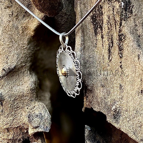 NY-PD035-Silver Flower Disc Pendant With Gold Accent