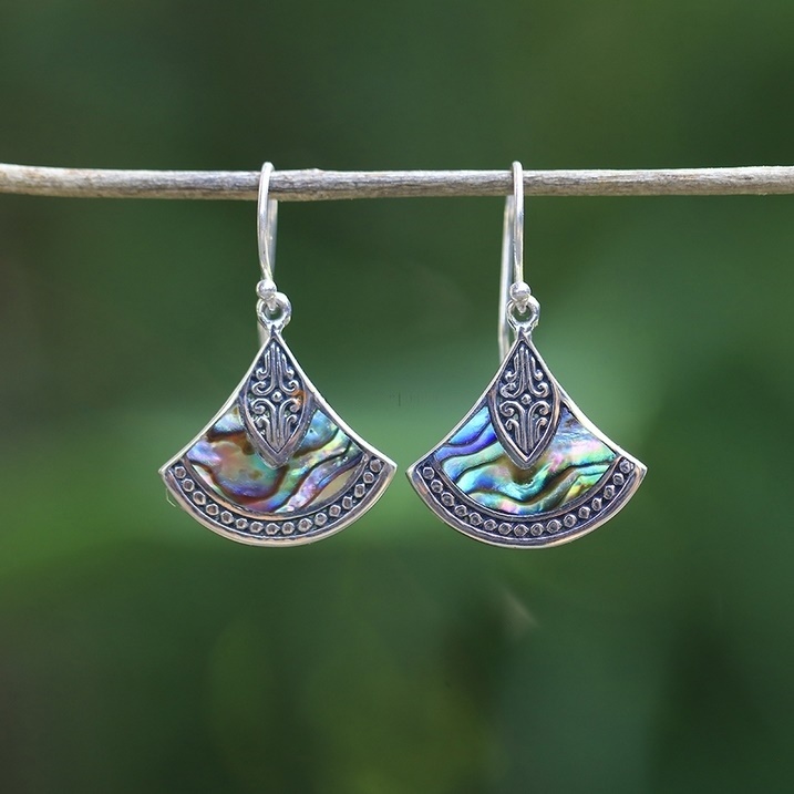 IER025 Cute Handcrafted Sterling Silver Abalone Shell Fan Earrings