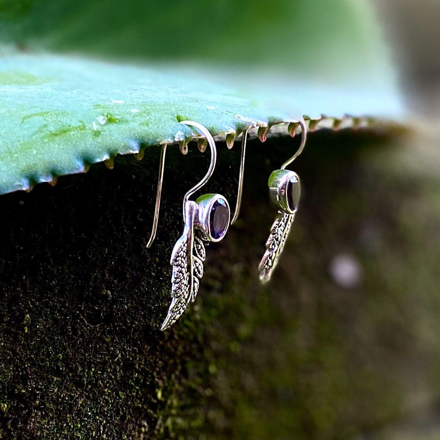 NY-ER172-Leaf Silver Gemstone Earrings