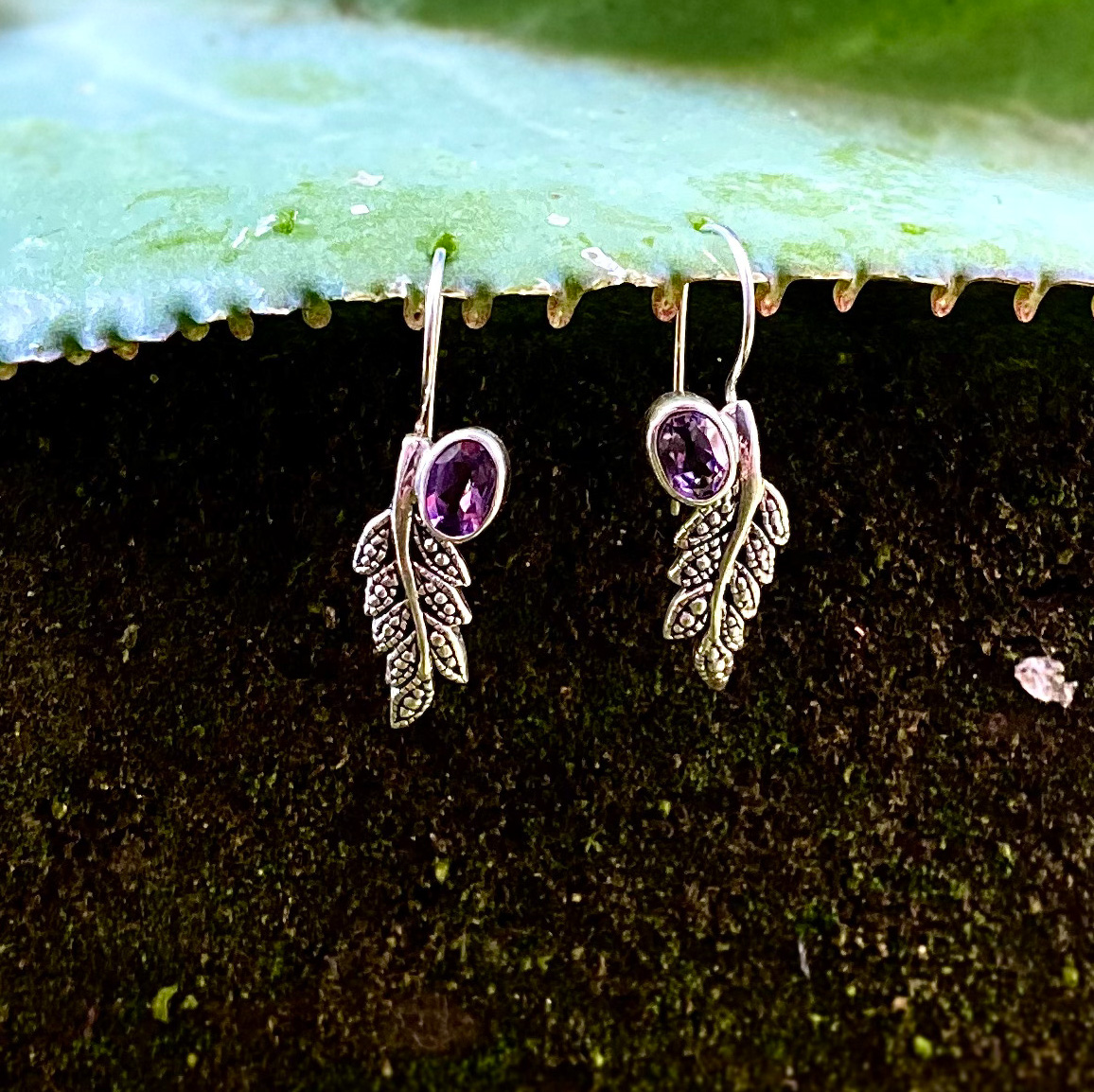 NY-ER172-Leaf Silver Gemstone Earrings