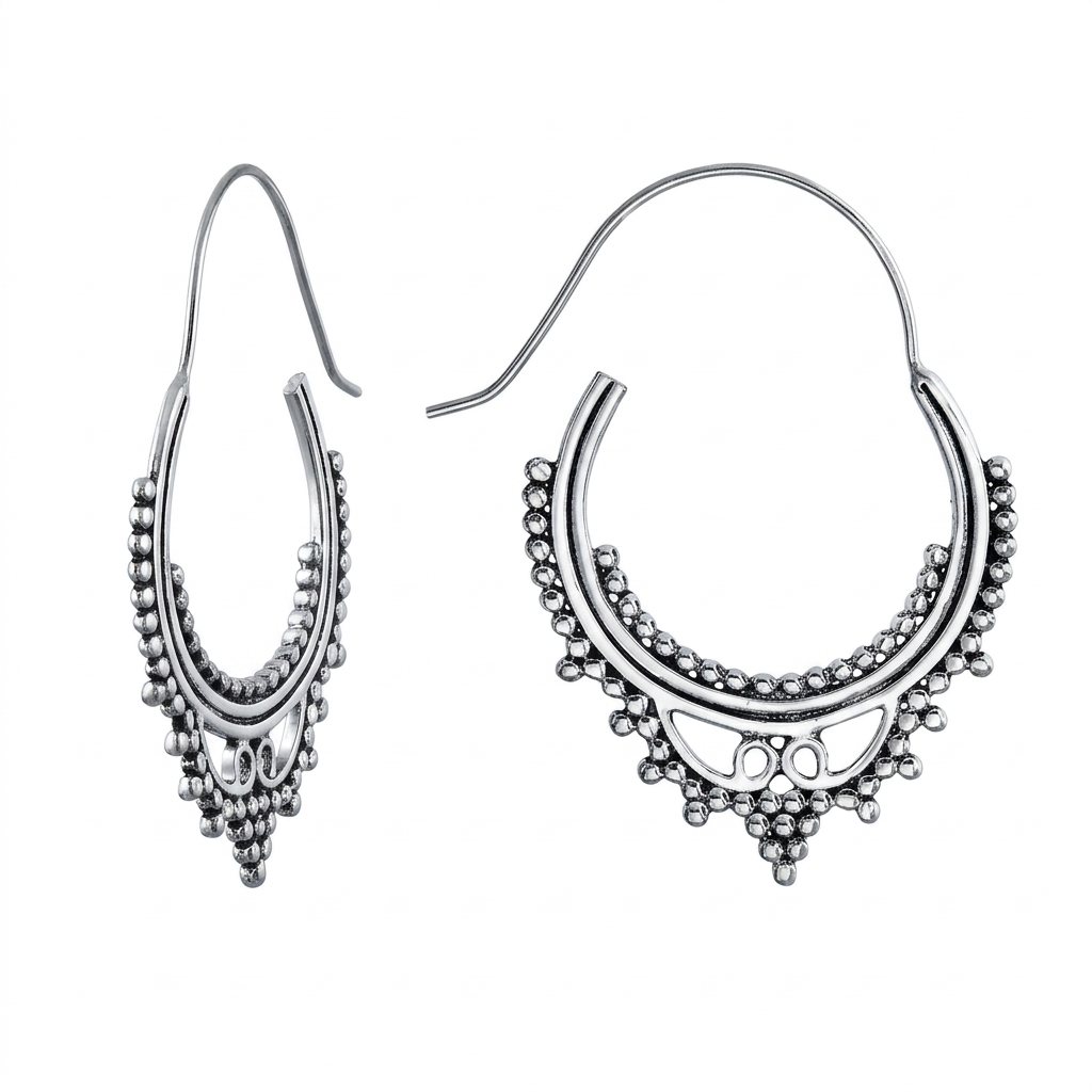 ER19025-Ornate Balinese Hoop Earrings – Sterling Silver
