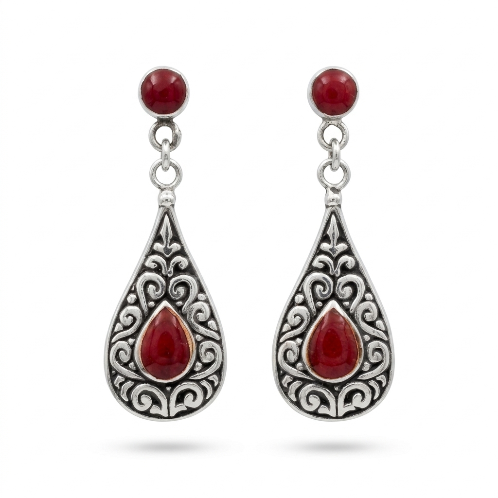 ER25001-Sterling Silver Balinese Coral Teardrop Dangle Stud Earrings