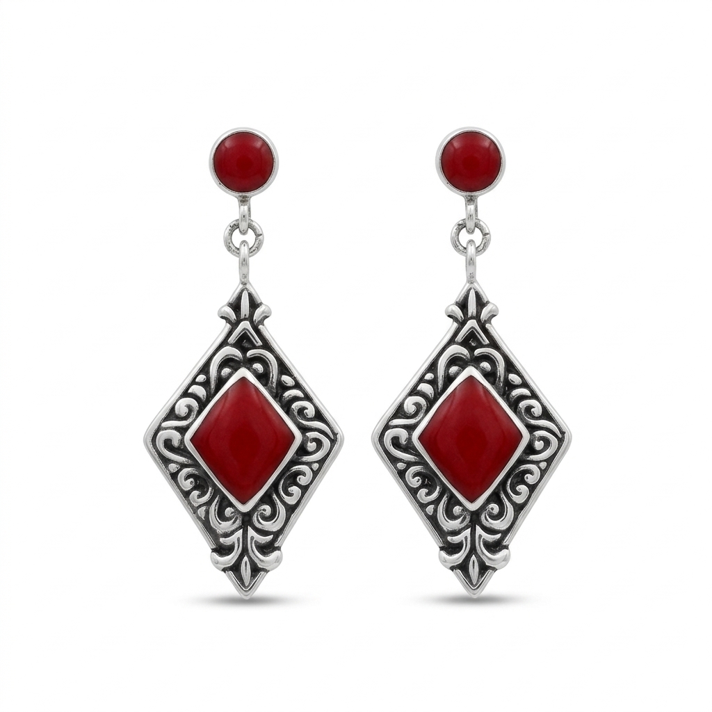 ER25002-Sterling Silver Balinese Diamond-Shaped Coral Dangle Stud Earrings