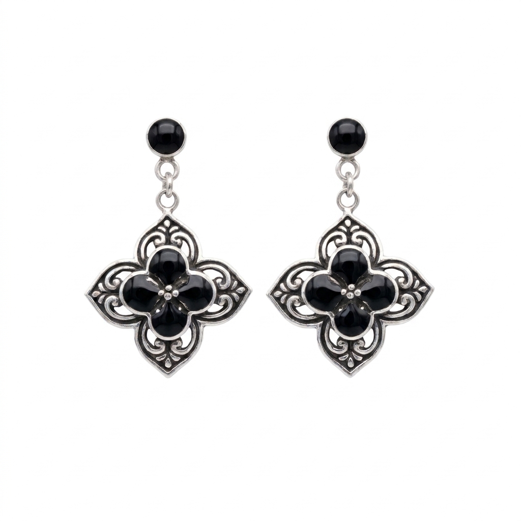 ER25003-Sterling Silver Balinese Black Resin Floral Dangle Stud Earrings