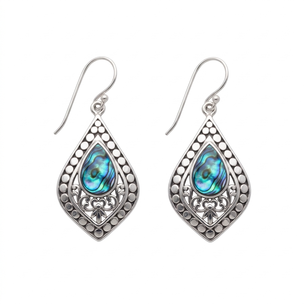 ER25004-Sterling Silver Balinese Abalone Teardrop Dangle Earrings