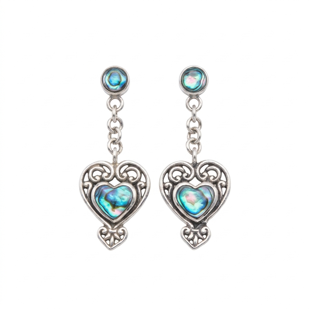 ER25005-Sterling Silver Balinese Abalone Heart Dangle Stud Earrings
