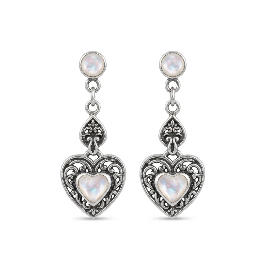 ER25006-Sterling Silver Balinese Mother of Pearl Heart Dangle Stud Earrings