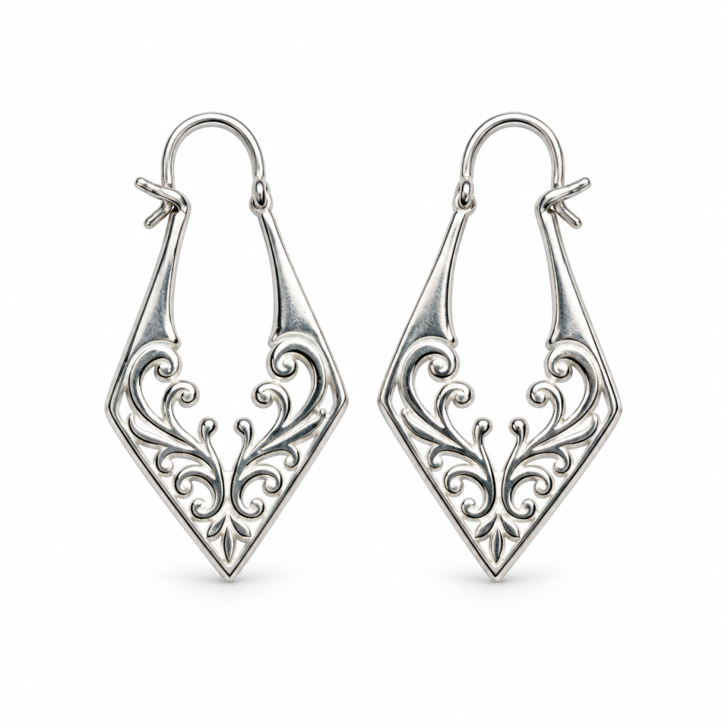 ER25007-Sterling Silver Balinese Ornate Openwork Diamond-Shaped Hoop Earrings