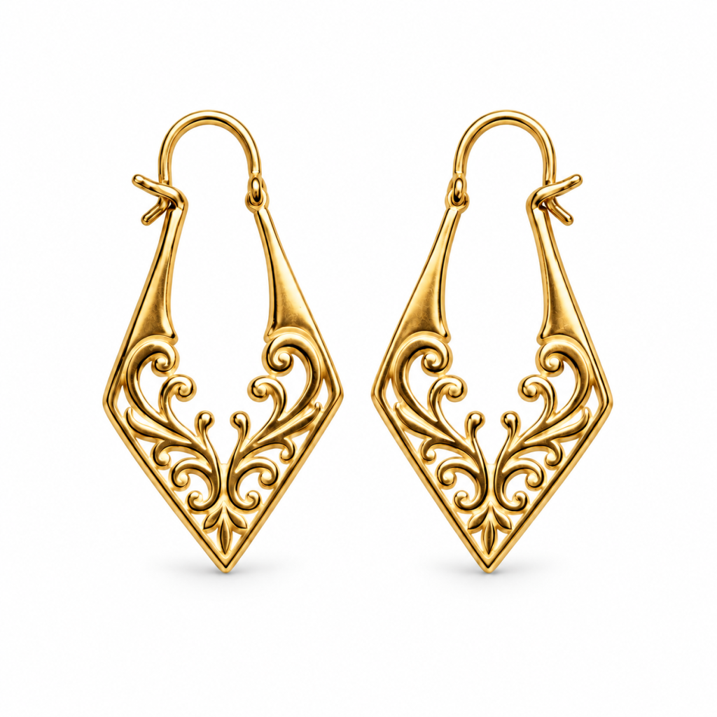 ER25007-Brass Balinese Ornate Openwork Diamond-Shaped Hoop Earrings