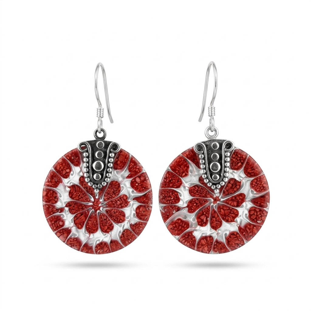 EUK-004-Sterling Silver Round Shell Dangle Earrings