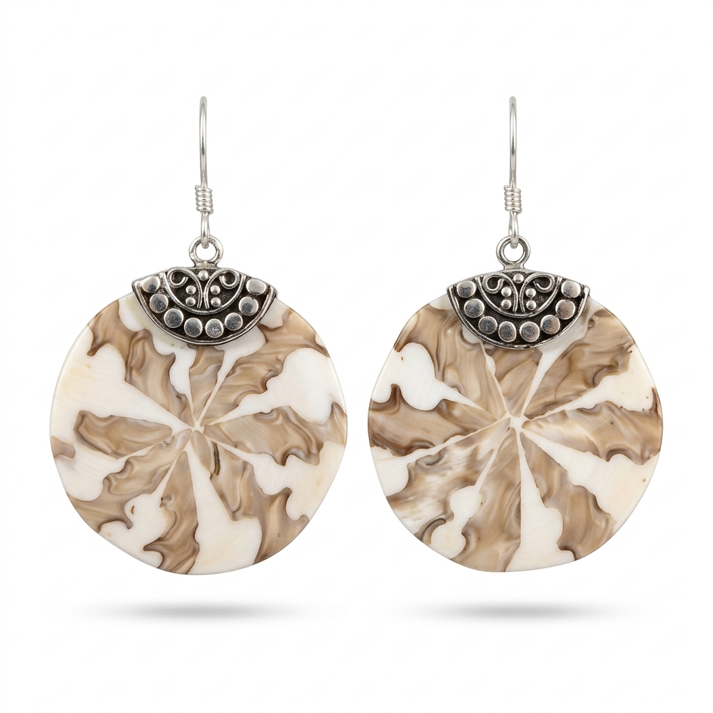 EUK-005-Sterling Silver Round Shell & Resin Dangle Earrings