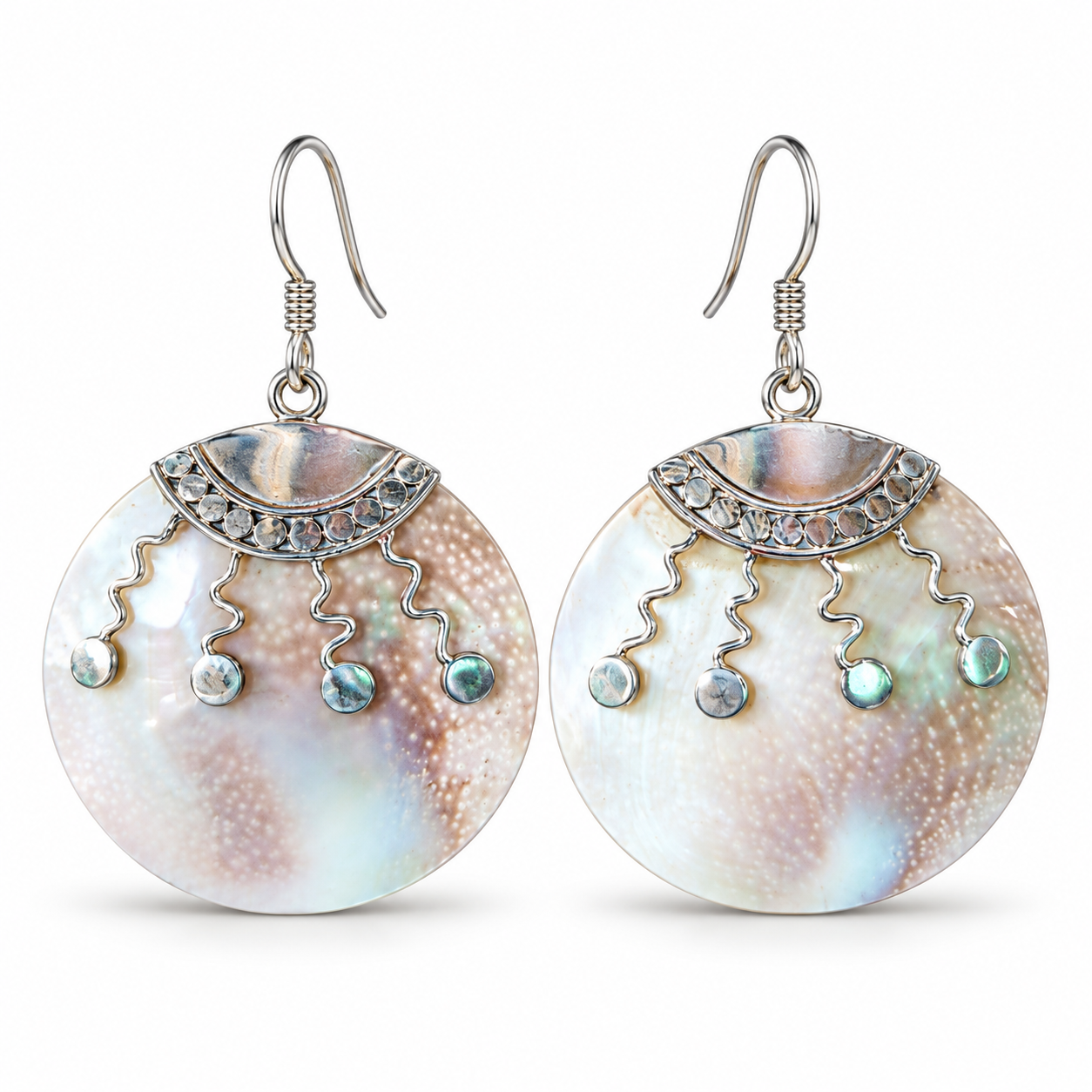 EUK-007-Sterling Silver & Siva Shell Round Dangle Earrings with Jawan Detailing
