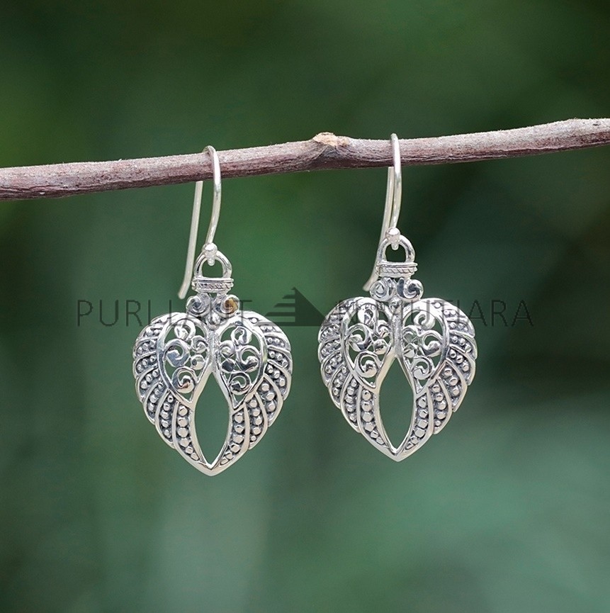IER001 925 Sterling Silver Dangle Hoop Earrings Elegant Angel's Wings Heart Shape